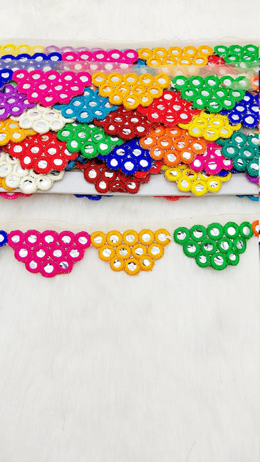 Multicoloured Indian Foil Mirror Trim, Kutch Embroidered Navratri Garba Dress Trim Bridal Lace, Indian Sari Border 9 Yards